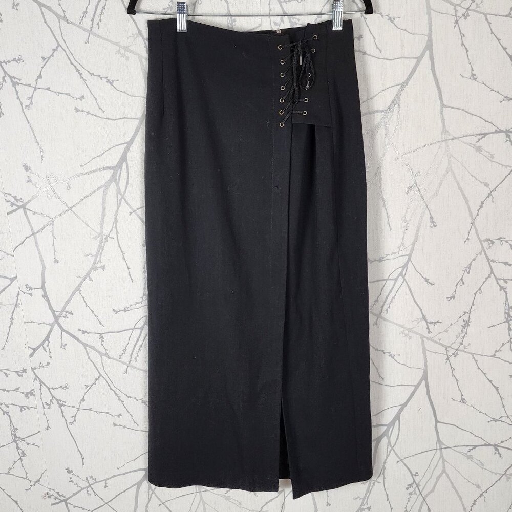 Fleur Blue VTG Black Lace Up High Waist Midi Pencil Skirt